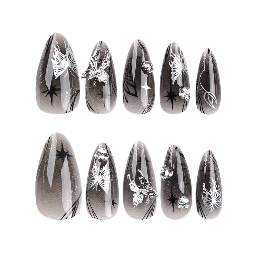 24 Pieces Ice Through Silver Bow Wearing Nail Black Cool Spicy Star Light Diamond Manicure Long Almond Nail Fake Nail Piece