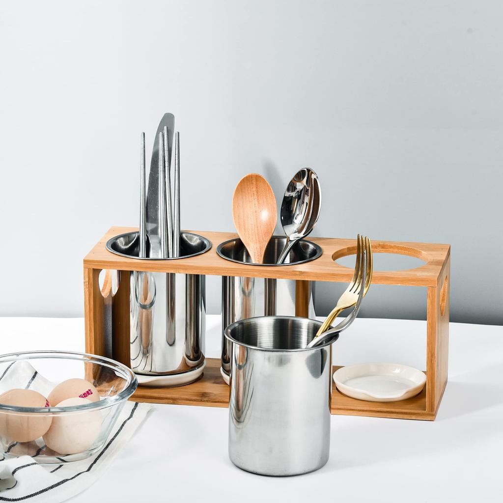 IMEEA Chopstick Holder, Cutlery Stand, Stylish, Tabletop, Stainless Steel, Bamboo Cutlery Case, Kitchen Storage