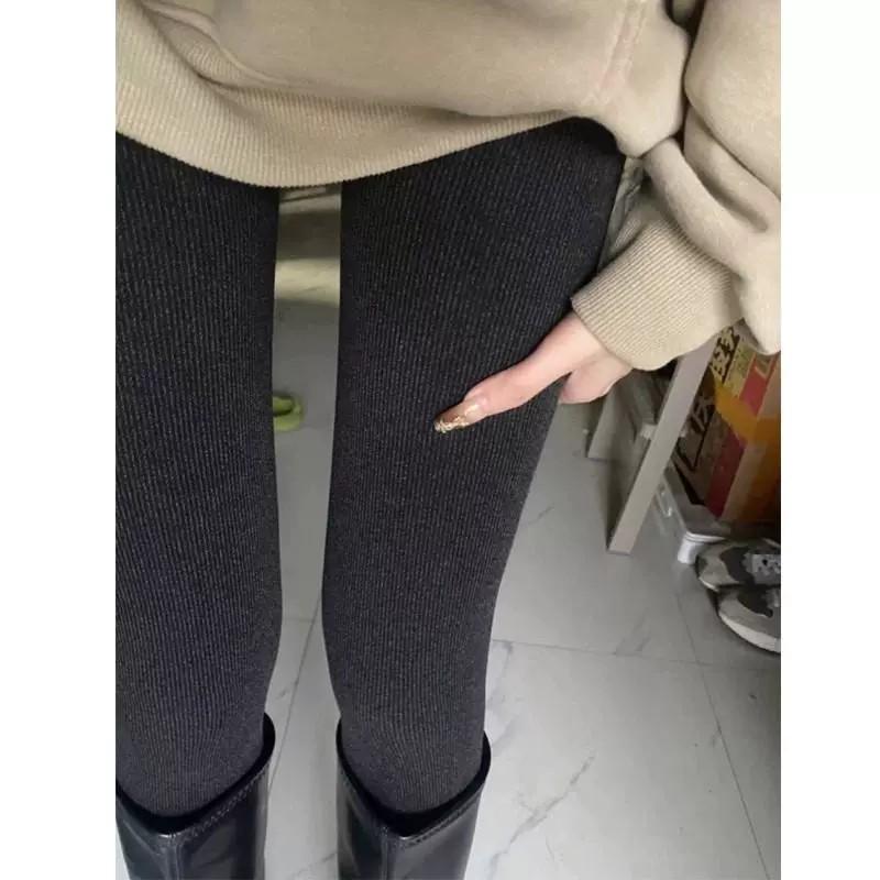 Women's High Waist Slimming Gray Striped Velvet Leggings - Footed Pantyhose for Autumn/Winter Warmth