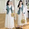 Early Spring Off-White French Style Embroidered Dress & Vintage Denim Vest Set