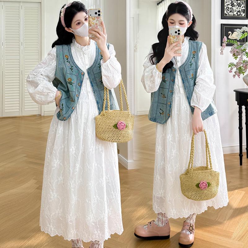 Early Spring Off-White French Style Embroidered Dress & Vintage Denim Vest Set