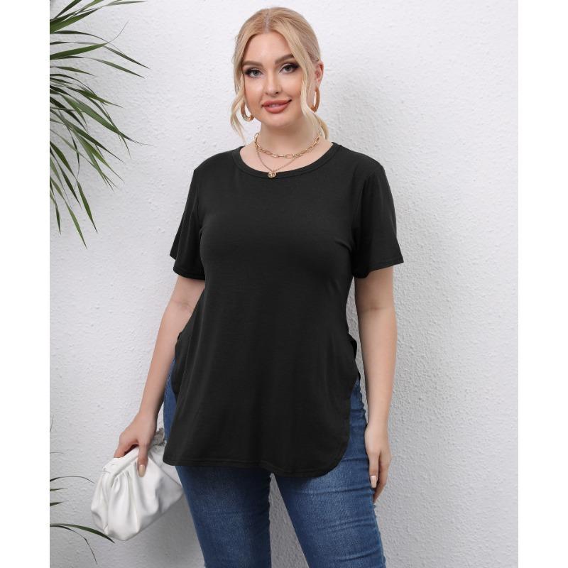 Plus Size Women s Solid Color T-Shirt Crew Neck Short Sleeve Curved Hem Casual Loose Top 0XLL чёрный
