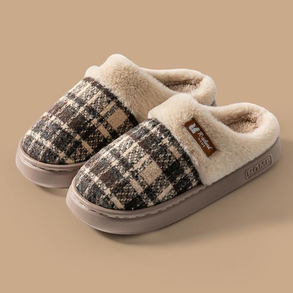 

Полосатые клетчатые хлопковые тапочки осень и зима для дома в помещении с утолщенной мягкой подошвой противоскользящие хлопковые швабры теплые домашние пушистые швабры 44-45