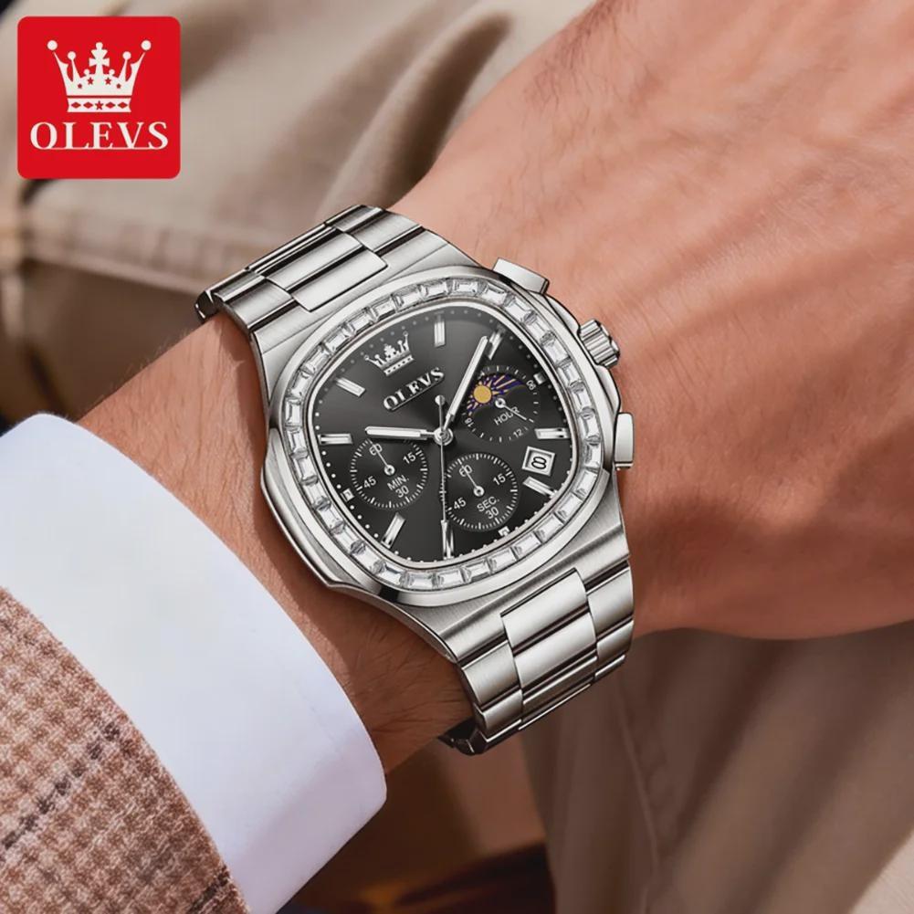 Men Square Diamond Bezel Quartz Watch Moon Phase Date Chronograph Luminous Waterproof Wrist Watch