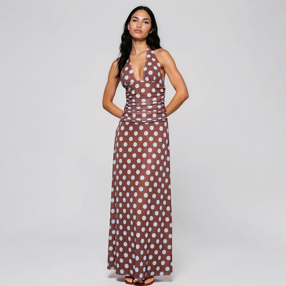 French retro elegant temperament polka dot neck V-neck dress sexy hottie backless strap waist long dress women