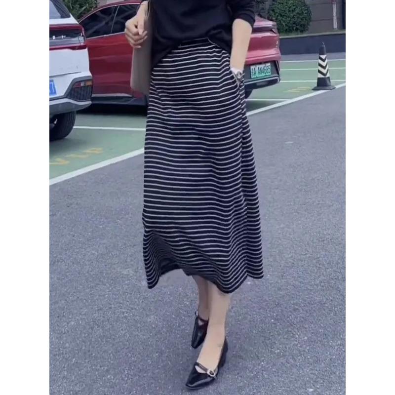 Black Striped Long Skirt Women's Summer New Fashionable Simple Versatile Straight Skirt