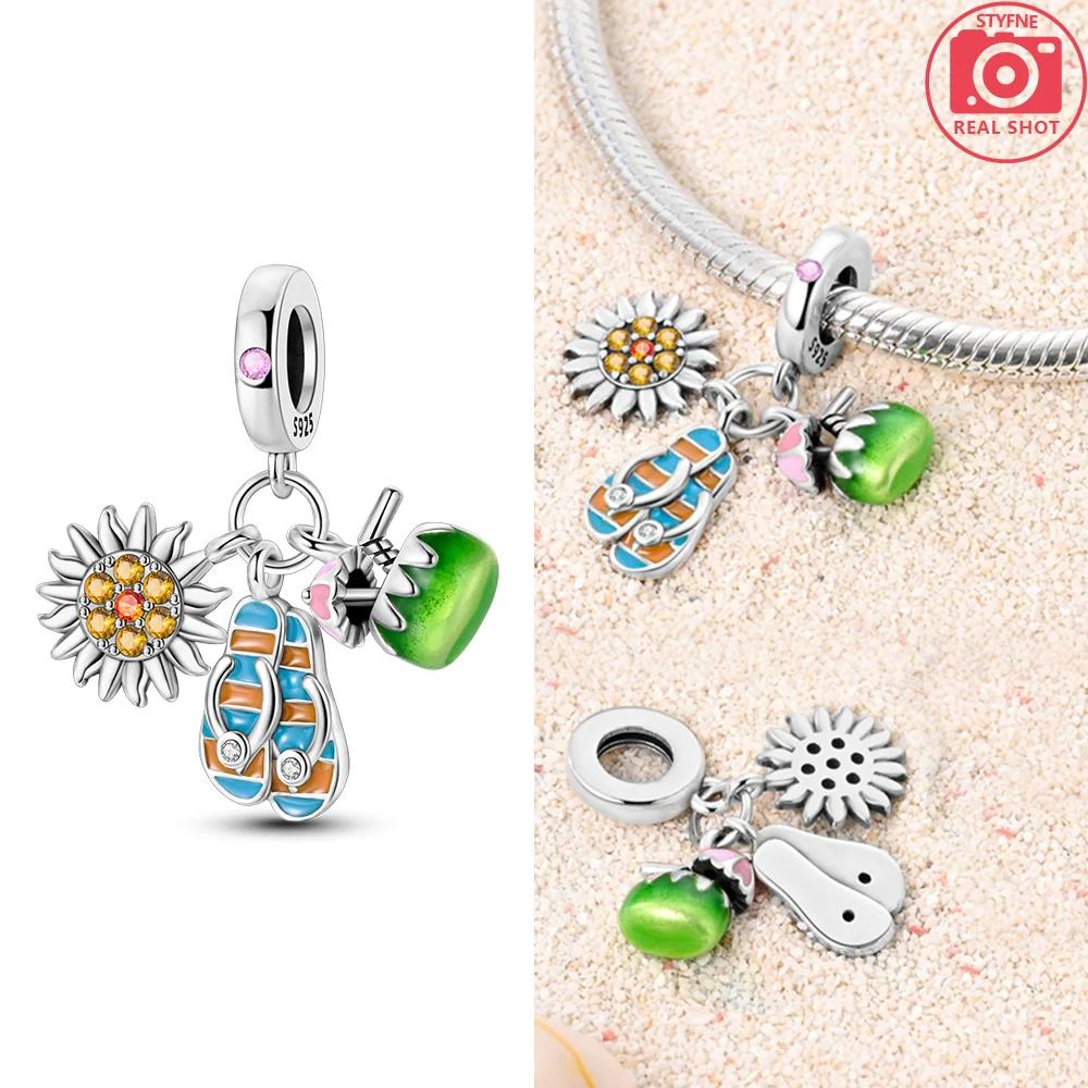 Exquisite Charms Copper Original Yellow Sunflowers Coconut Trees Roses Beads Fit Bracelet Women Jewelry Necklace Diy Gifts