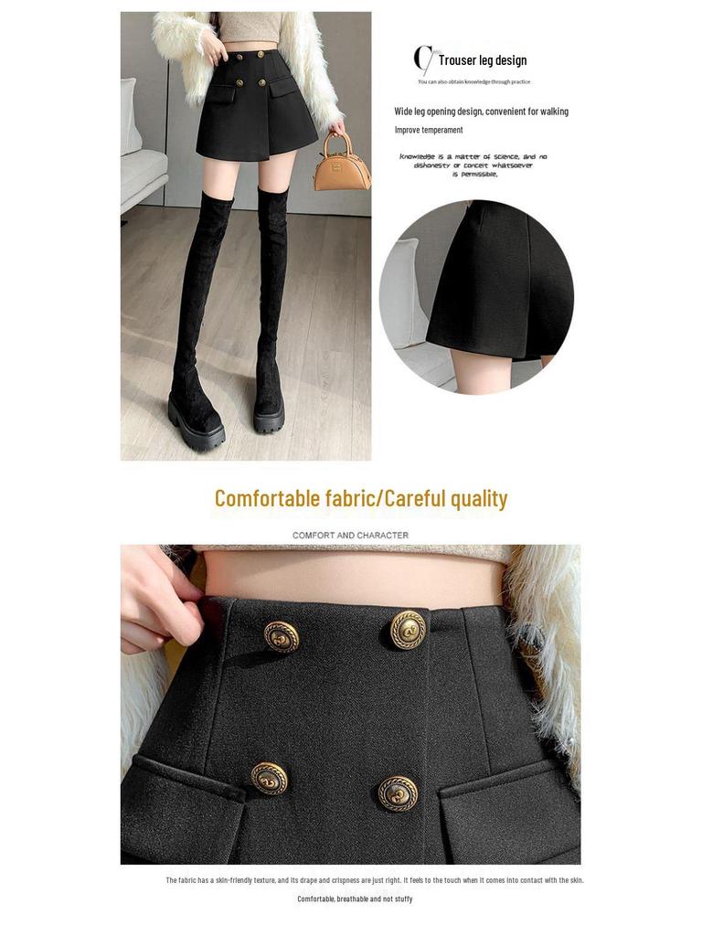 Women's 2026 Autumn/Winter High-Waist Wool Suit Skirt Pants - Double-Breasted, Wide-Leg Slimming Shorts