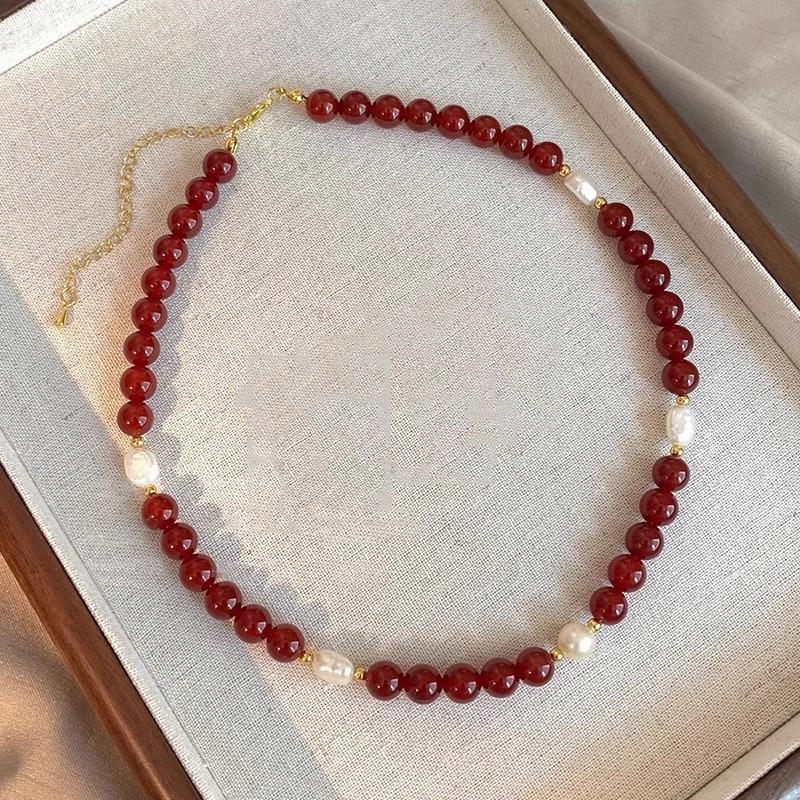 100% Natürliche Süßwasserperle & Roter Achatstein 14K Goldgefüllt Damen Perlenketten-Halskette Für Frauen Geburtstagsgeschenke