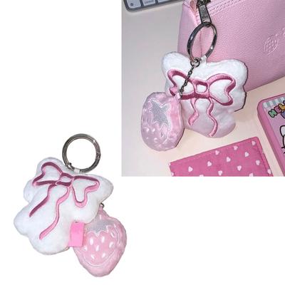 Plush Strawberry Bowknot Charm Keychains Sweet Lovely Pendant Hangings Ornament Keyring Backpack Decoration for Women