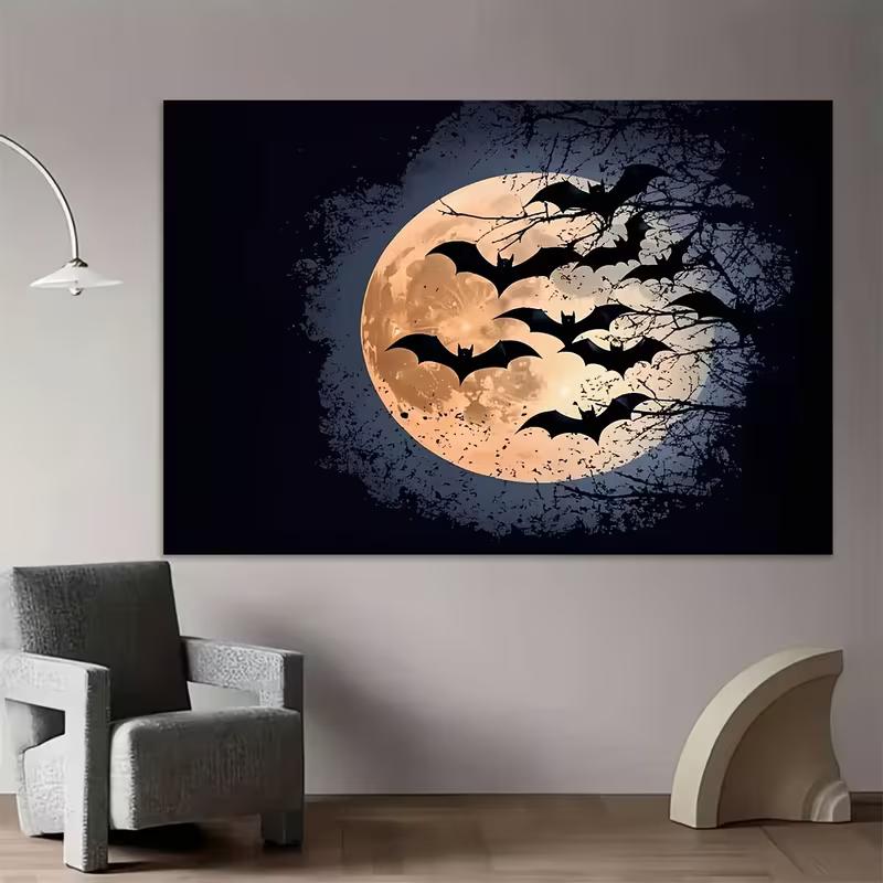 2D Black Bats on Full Moon Backdrop for Halloween Party, Trick-or-Treat and Haunted House Decor