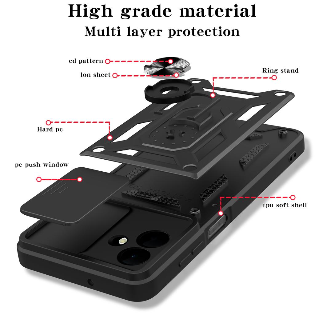 For Samsung Galaxy A07 4G Case with Slide Camera Lid PC+TPU Kickstand Phone Cover