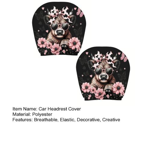 Car Headrest Covers 2Pcs Cute Calf with Pink Flowers, Breathable Auto Decoration for Girls Seat Protectors, Stretchy Universal Interior Accessories