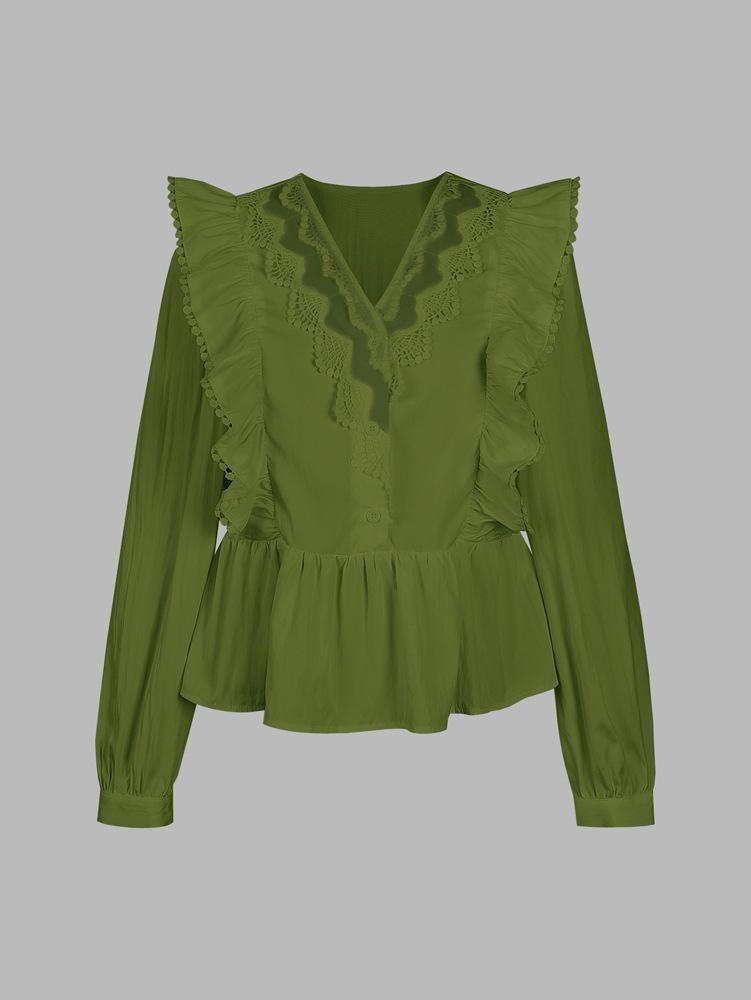 2026 Autumn Women's Casual Lace Patchwork Ruffle Long Sleeve Top