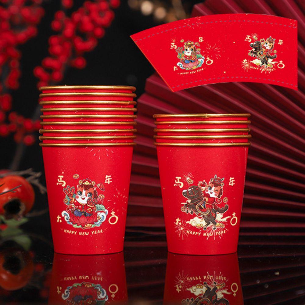 50pcs Horse Pattern 2026 Spring Festival Disposable Cup Gold Foil Thickened Drinking Tea Cup Chinese Style Anti-scalding