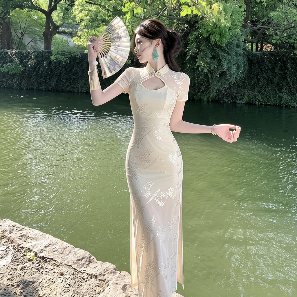 New Chinese-style improved cheongsam dress femininity slim and thin sexy split waist long evening dress skirt