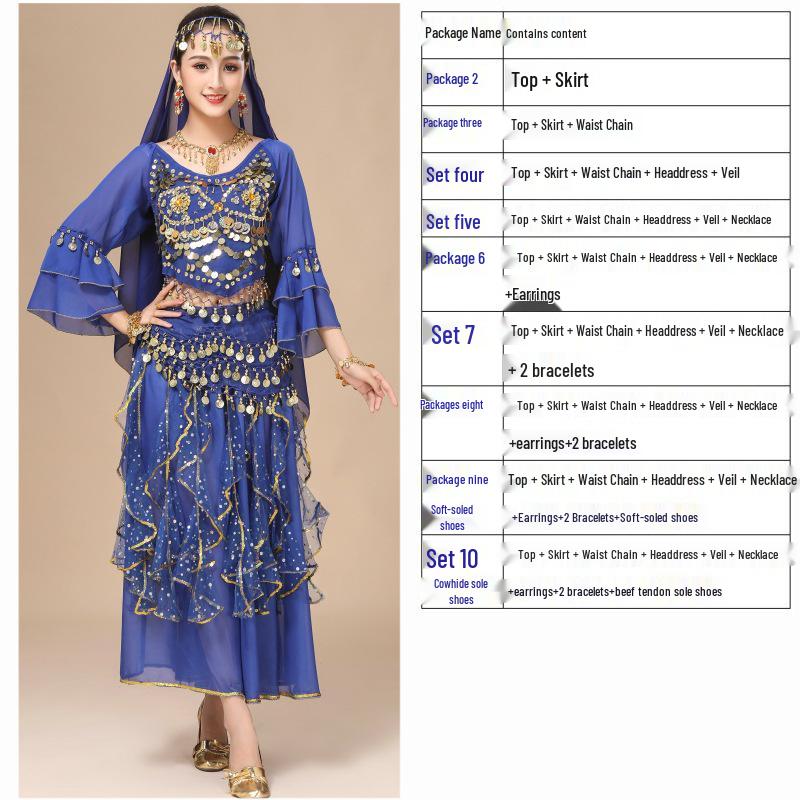 

Костюм для танца живота для женщин - Этнический набор для выступлений с юбкой с рукавами-колокольчиками One Size