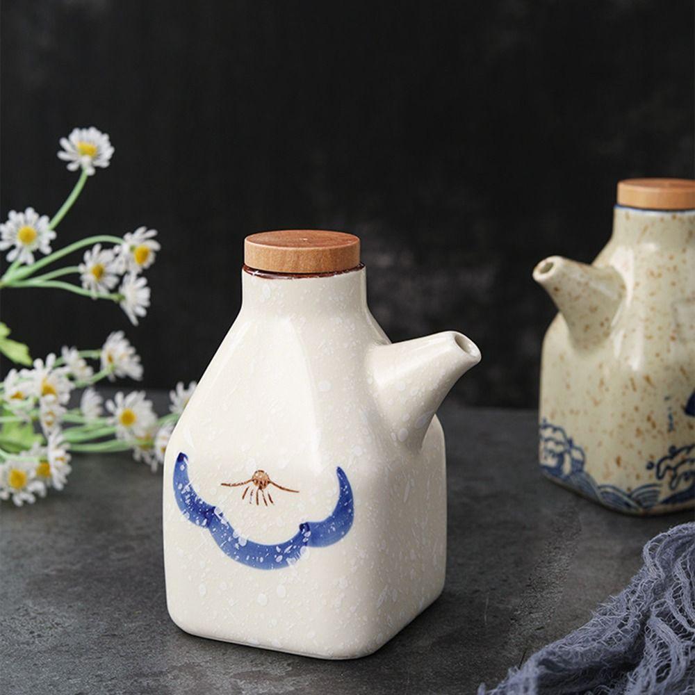 Style Creative with Bamboo Lid Ceramic Cruet Pot Spice Jar Condiment Container Seasoning Box