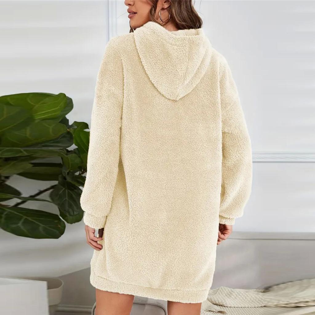 Moda feminina cor sólida com capuz manga comprida vestido de pelúcia solto moletom casual