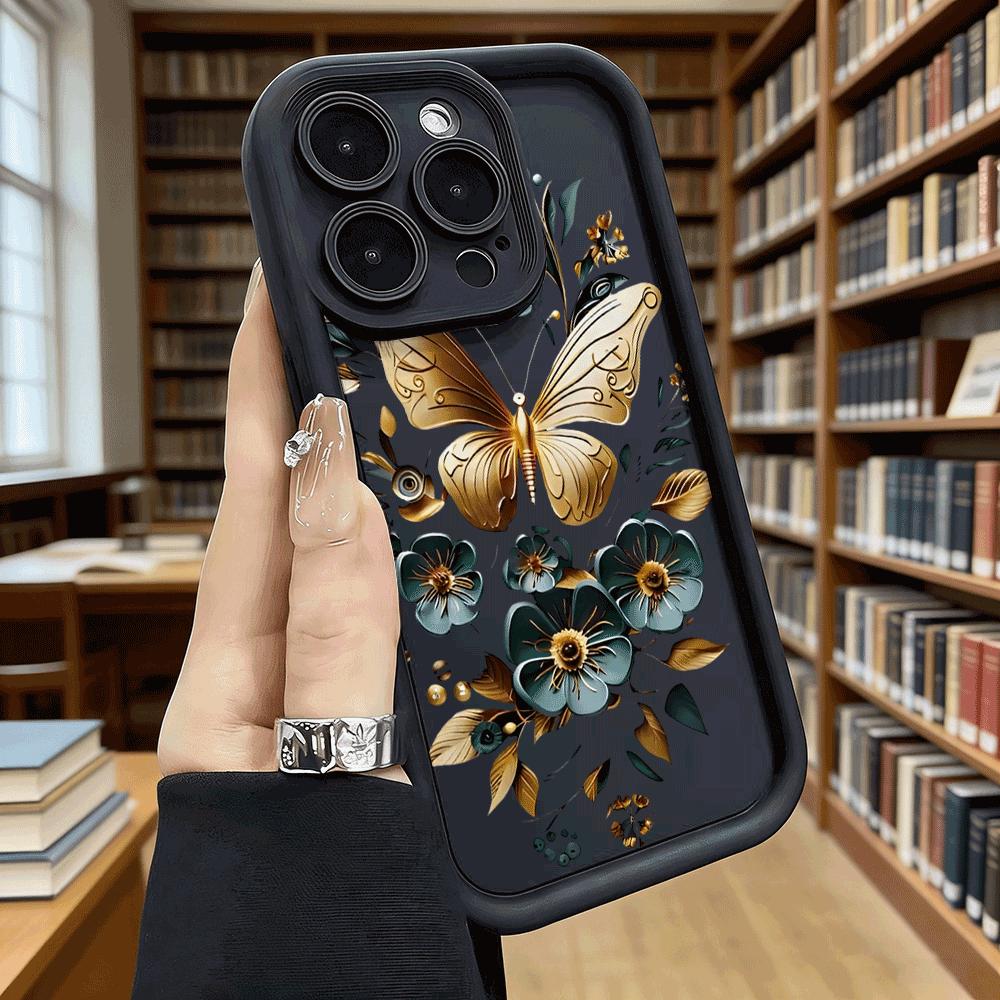 Golden Butterfly Teal Flowers Soft TPU Shockproof Case For Xiaomi Redmi Note 15 14 13 12 11 Pro Anti-Fall Protective Back Cover