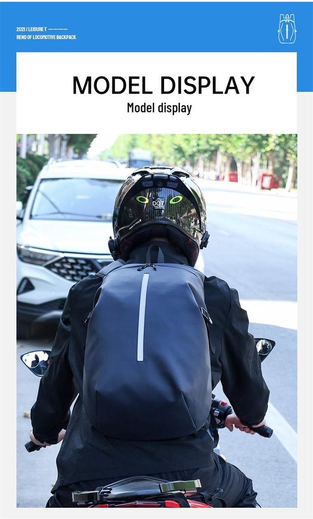 Water-Repellent Leather Motorcycle Backpack with Reflective Strips and Large Capacity