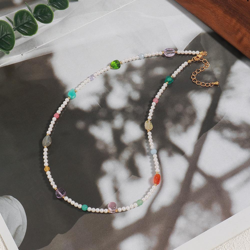 GEMCHIC Women's Original Design Colorful Glass Bead Natural Stone Beaded Necklace Sweet Girl Fashion Versatile Collarbone Chain