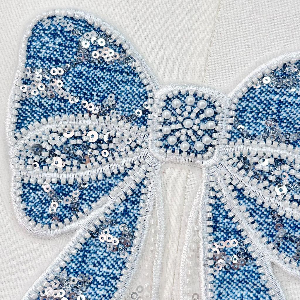 Denim Blue Heavy Industry Handmade Beads Bow Decorative Patch Sticker Bag Hair Accessories Corsage Cloth Sticker Accessories