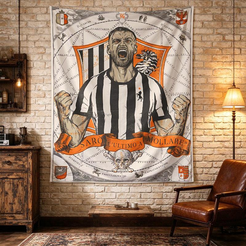 Juventus player in black and white stripes shouts with clenched fists inside an orange heraldic crest, richly detailed print Wall Hanging