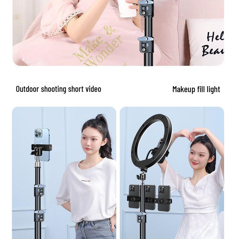 Dual Mobile Phone Outdoor Live Streaming Stand with Multi-Angle Capability, Fill Light, and Tripod.