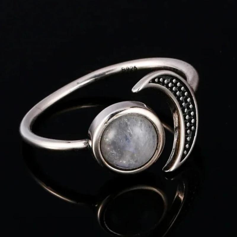 Moonstone CopperMoon Ring, Vintage Crescent & Starry Pattern Open Ring, Boho Women's Fashion Jewelry Cross-Border Gift