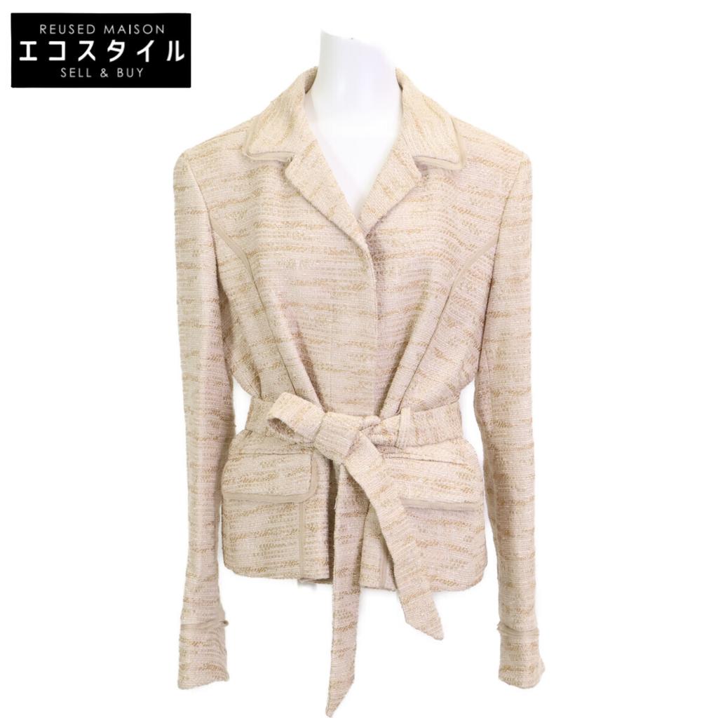 Salvatore Ferragamo Belted glitter yarn tweet jacket Jacket 48 beigeUsed