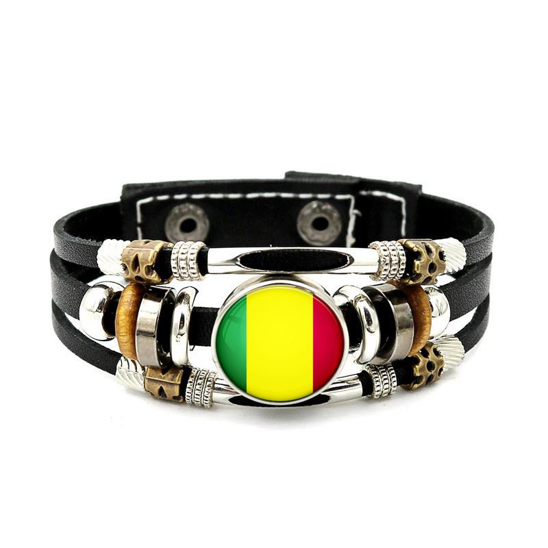 Factory National Country Flag Design Bracelet Crystal Bead Snap Button Sports National Team Jewelry Gift Leather Wrap Bracelet