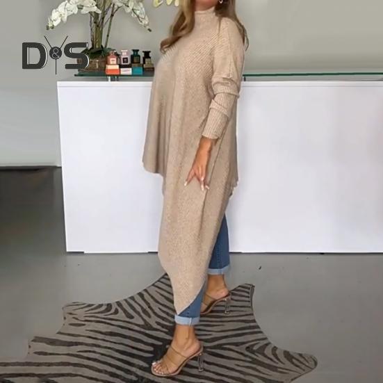 Tops femininos gola alta manga comprida cor sólida bainha irregular pulôver tops soltos com nervuras camisetas uso diário