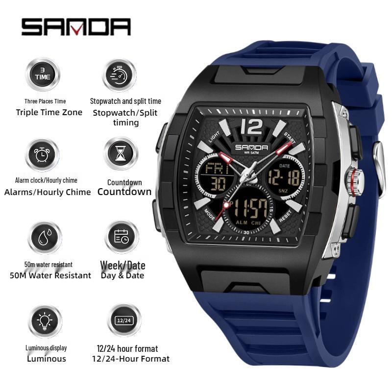 Sanda Men's Sports Barrel-Shaped Luminous Countdown Watch with Triple Time Zone and Dual Display, Waterproof Design.