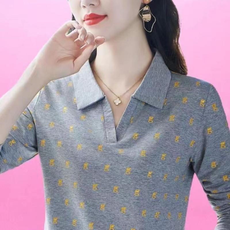 

Женская футболка с длинным рукавом на весну-осень, модный топ, поло с лацканами для матери среднего возраста, приталенная, с принтом M серый