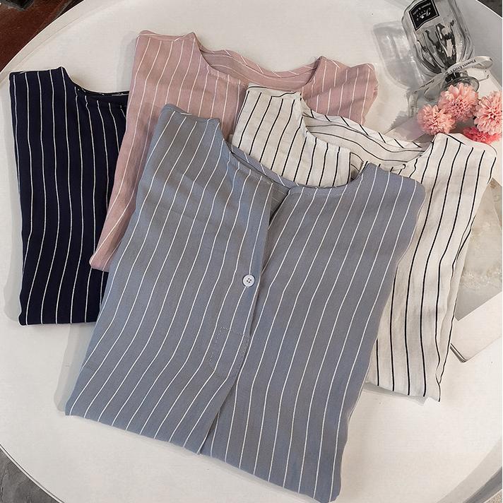 Letní košile Dámská tříčtvrteční rukáv Korejská velká velikost Tričko s kulatým výstřihem Pruhovaná košile Dámská šifonová košile