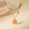 Double-layered Stacked Blade Chain Stainless Steel Necklace with Round Plaque Relief Eight-pointed Star Pendant Jewelry