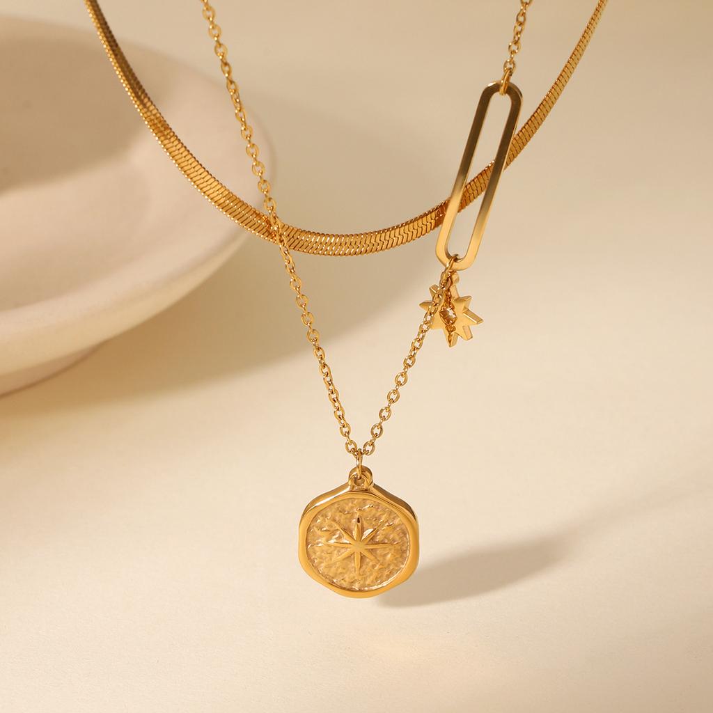 Double-layered Stacked Blade Chain Stainless Steel Necklace with Round Plaque Relief Eight-pointed Star Pendant Jewelry