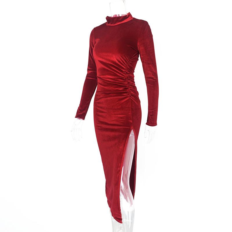 2025 frühling Herbst Frauen Einfarbig Samt Langarm Geraffte Midi Kleid Seite Schlitzte Bodycon Sexy Streetwear Party Elegante Club Kleider