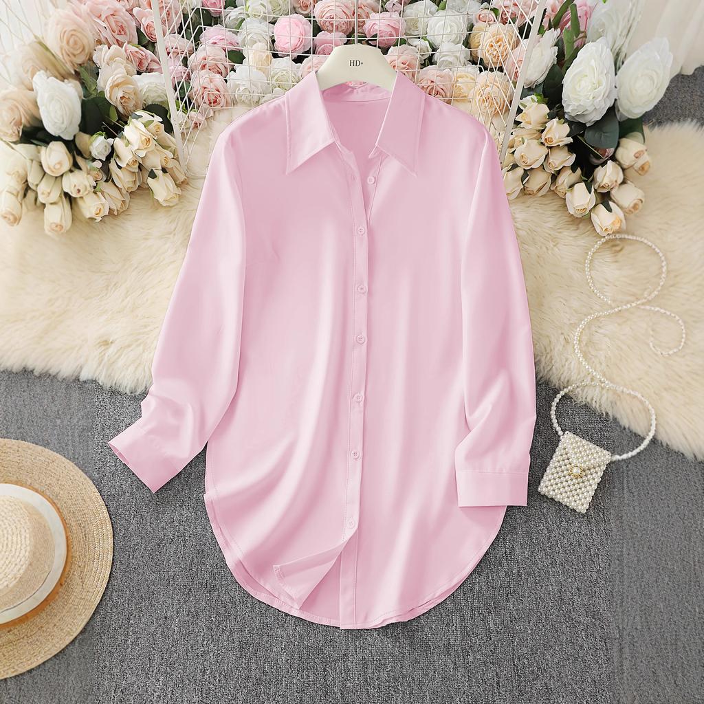 women's Plus Size Solid Color Point Collar Long Sleeve Curved Hem Loose Casual Shirt Blouse