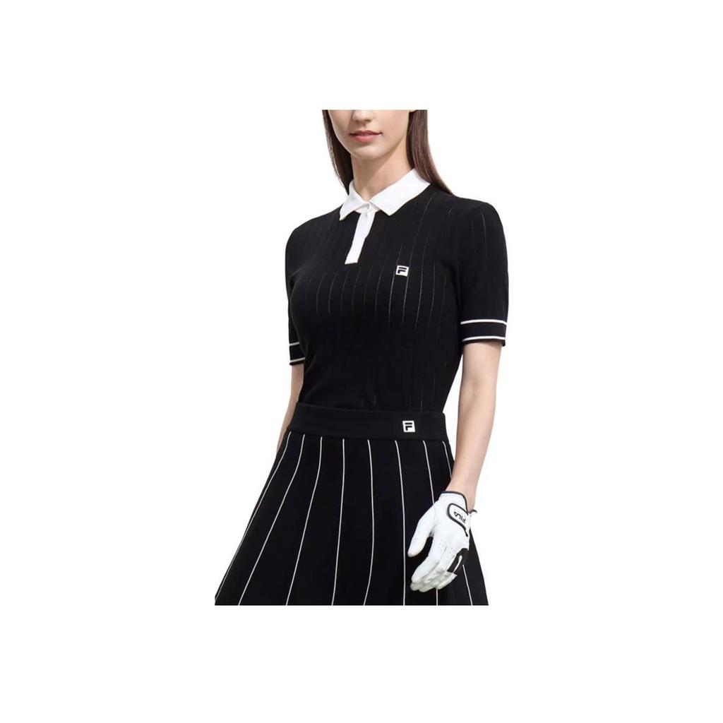 FILA Logo Knitted Polo Golf Short Sleeve T-Shirt Women Tops Black A11W335405F-BK
