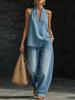 Women's Summer 2026 European & American Style Faux Denim Two-Piece: Sleeveless Vest & Wide-Leg Pants