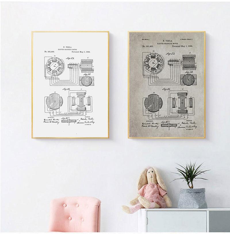 Nikola Tesla Motor Patent Blueprint Vintage Posters and Prints Artwork Magnetic Motor Wall Art Canvas Painting Gift Home Decor No Frame