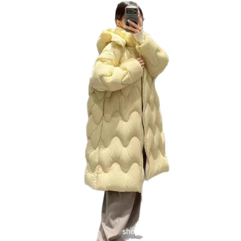 Shopping mall white duck down winter light luxury medium and long women's Pinghu down jacket loose hooded fashion trend