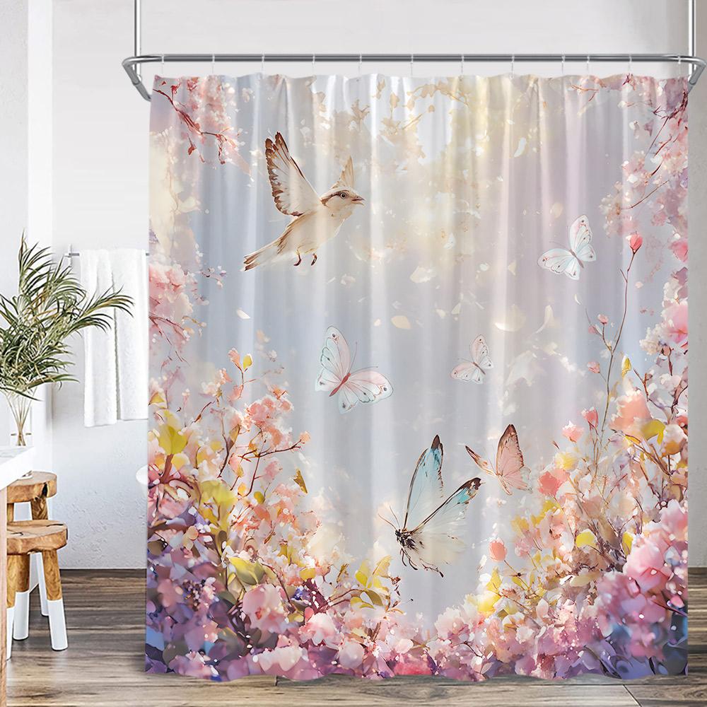 Colorful Butterflies Floral Shower Curtain Flowers Plants Blooming Blossom Bathroom Decorations Polyester Bath Curtain With Hook