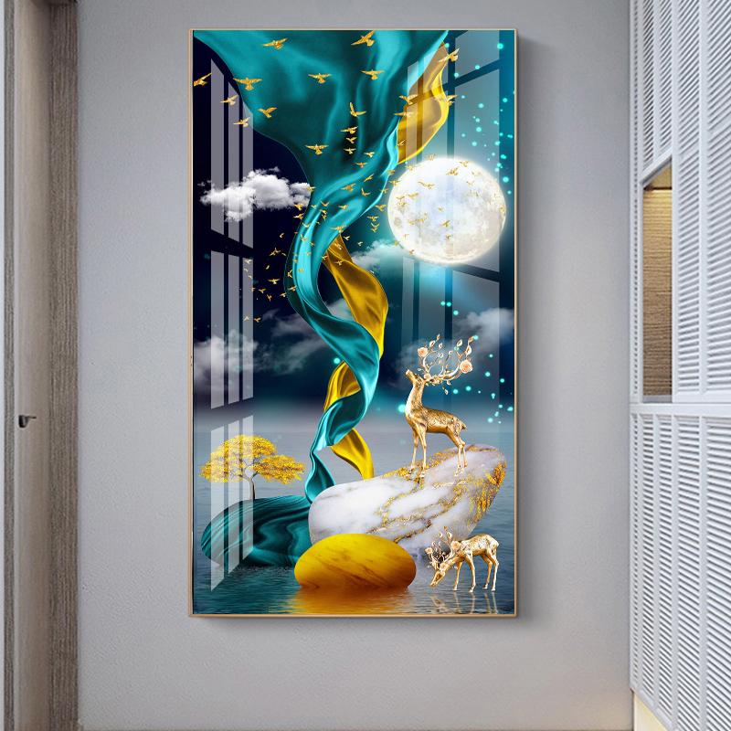 Chinese FengShui Golden Rich Tree Canvas Painting Deer Landscape Lucky Stone Zen Posters Wall Art for Living Room Decor Cuadros