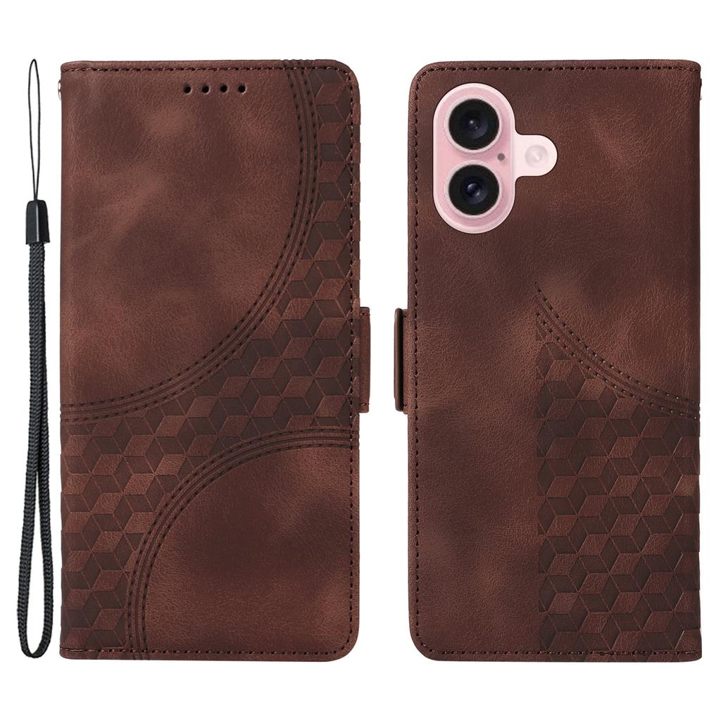 For iPhone 16 Leather Cases Wallet Rhombus Imprinted Phone Cover Stand with Strap