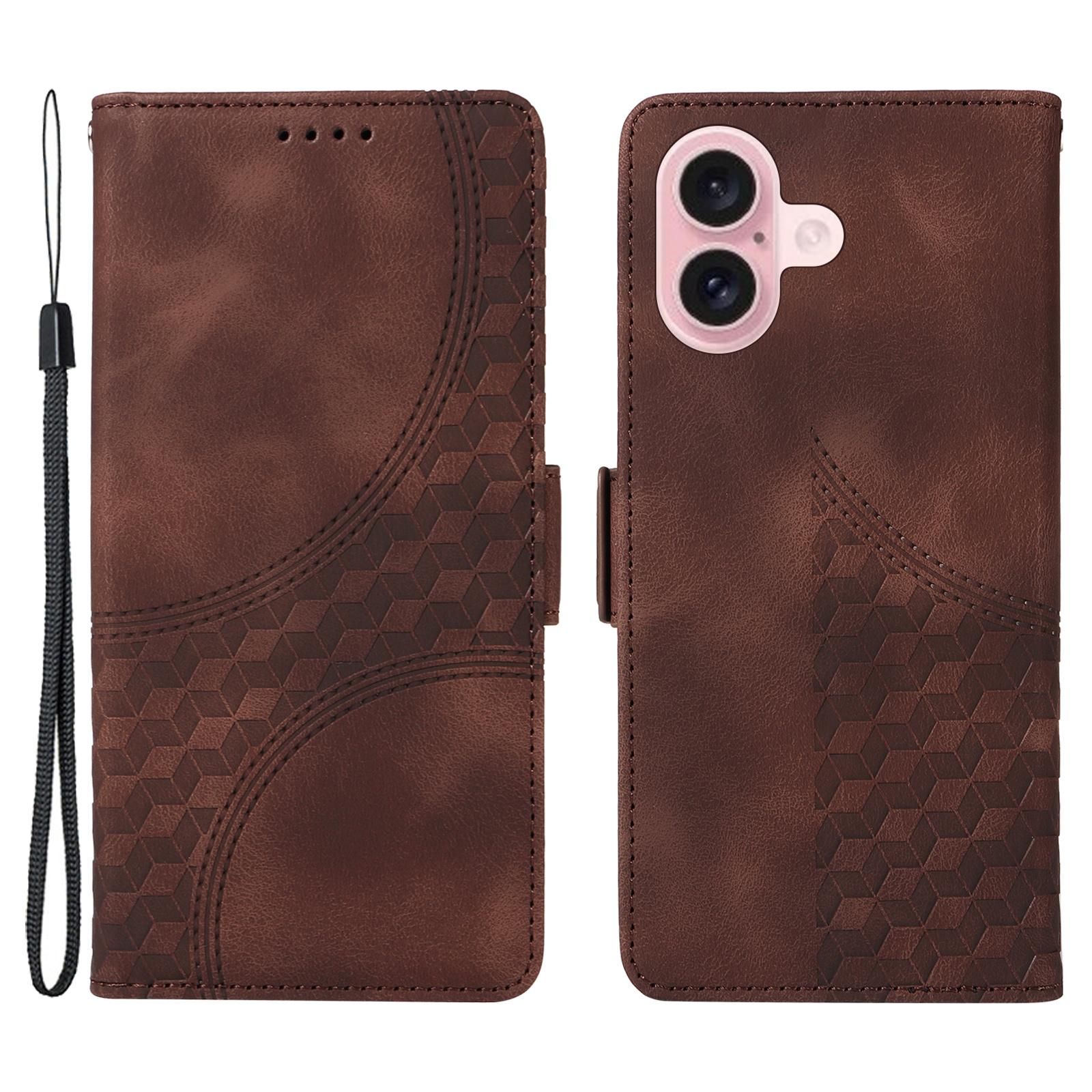 

For iPhone 16 Leather Cases Wallet Rhombus Imprinted Phone Cover Stand with Strap D
