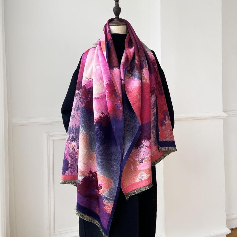 Winter new oil painting fashion imitation cashmere scarf female elegant warm shawl with thickened double-sided student scarf
