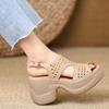 Women's Soft Leather Platform Roman Sandals Summer Chunky Heel Openwork Breathable Soft Sole One-Strap Strap Sandals